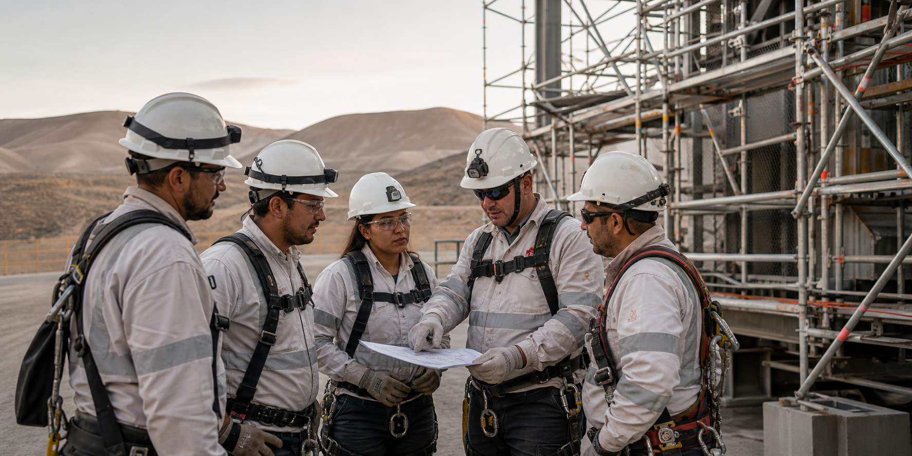 Equipo de montaje realizando una coordinación de seguridad junto a un andamio industrial